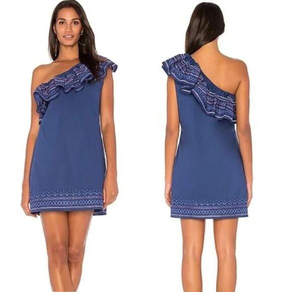 Parker | NWT Katrina Lazuli Blue Embroidered Ruffle One Shoulder Mini Dress - Picture 1 of 12